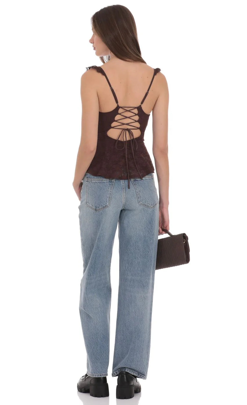 Lace Ruffle Strap Top in Brown
