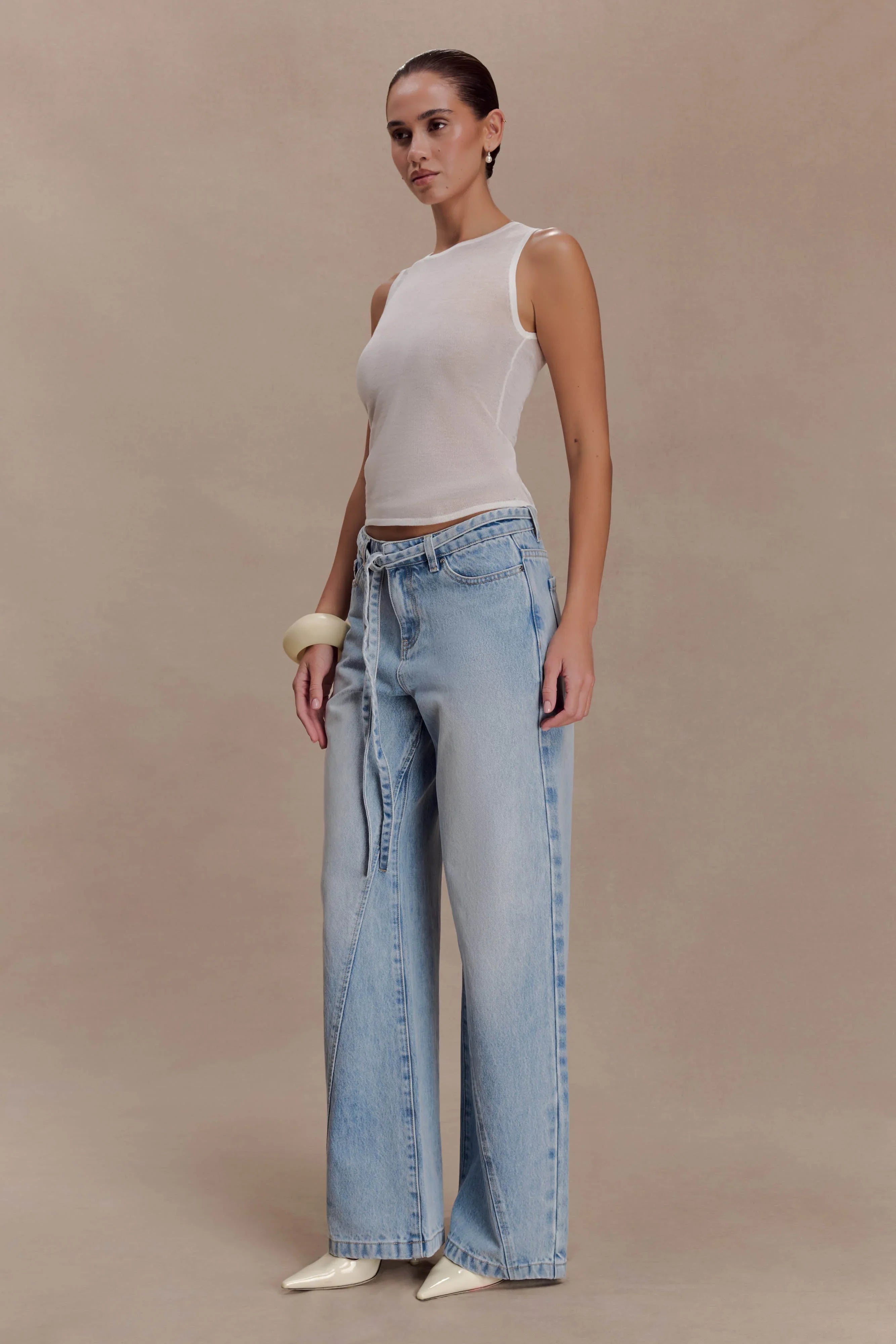 Perrie Mid Rise Straight Leg Tie Jeans Washed Light Blue