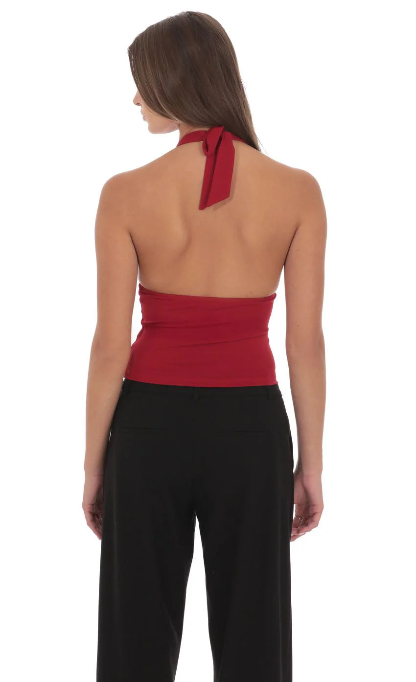 V Neck Halter Top in Maroon