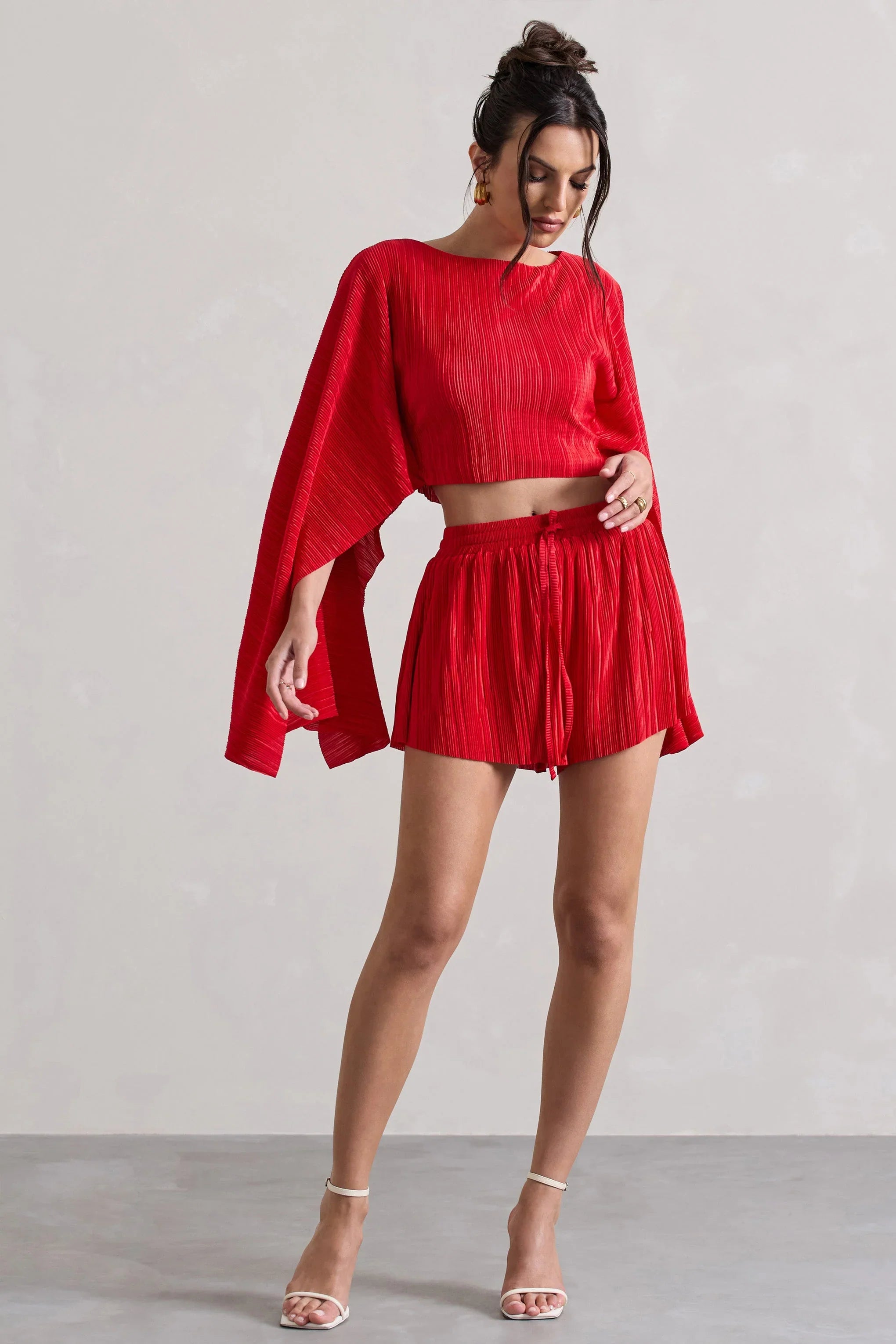 Aflame Red Plisse Tie Waist Shorts