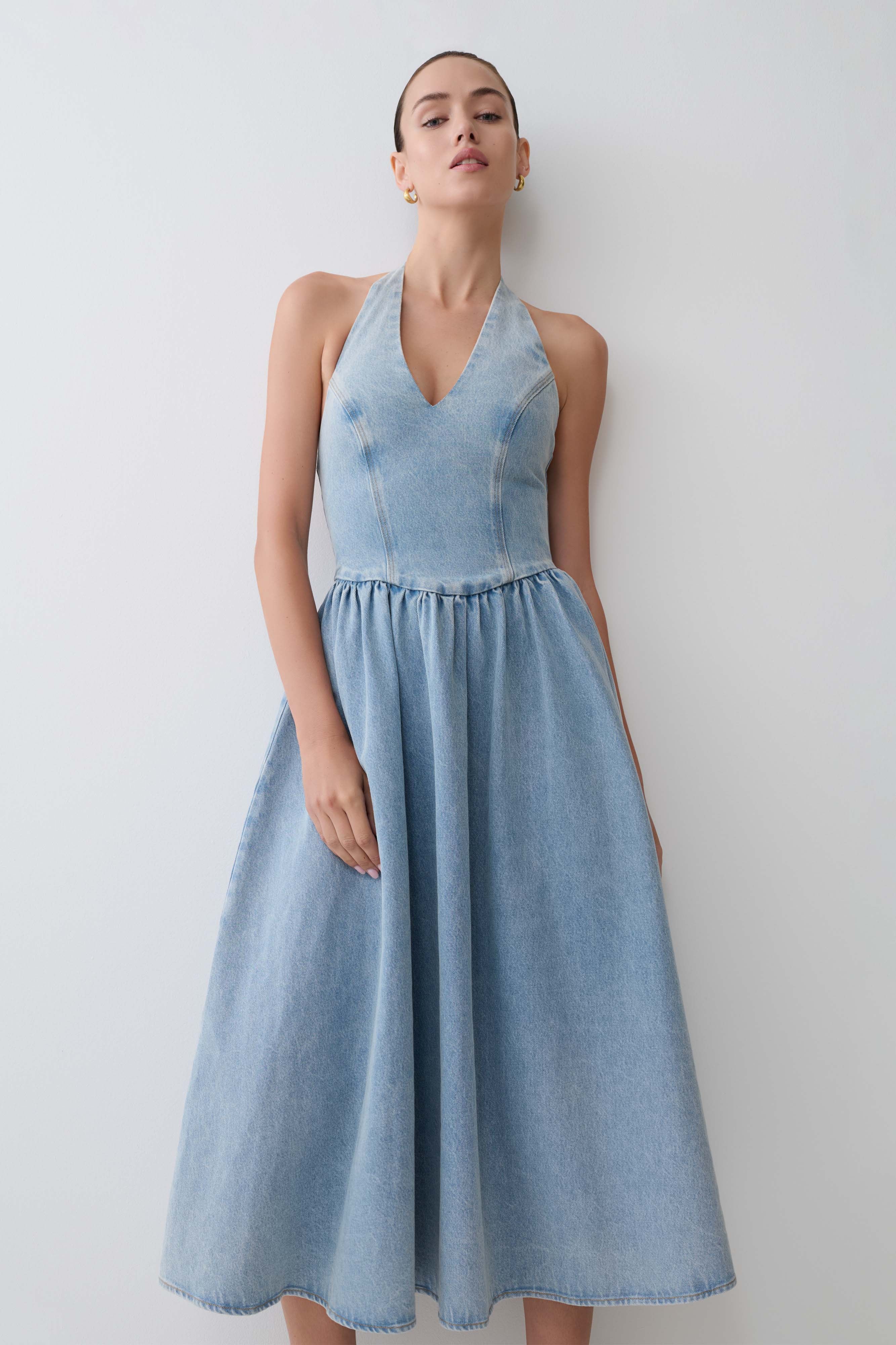 Miller Denim Halter Midi Dress Classic Blue