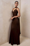 Starling Brown Matte Satin Plunge Neck Maxi Dress With Scarf Detail