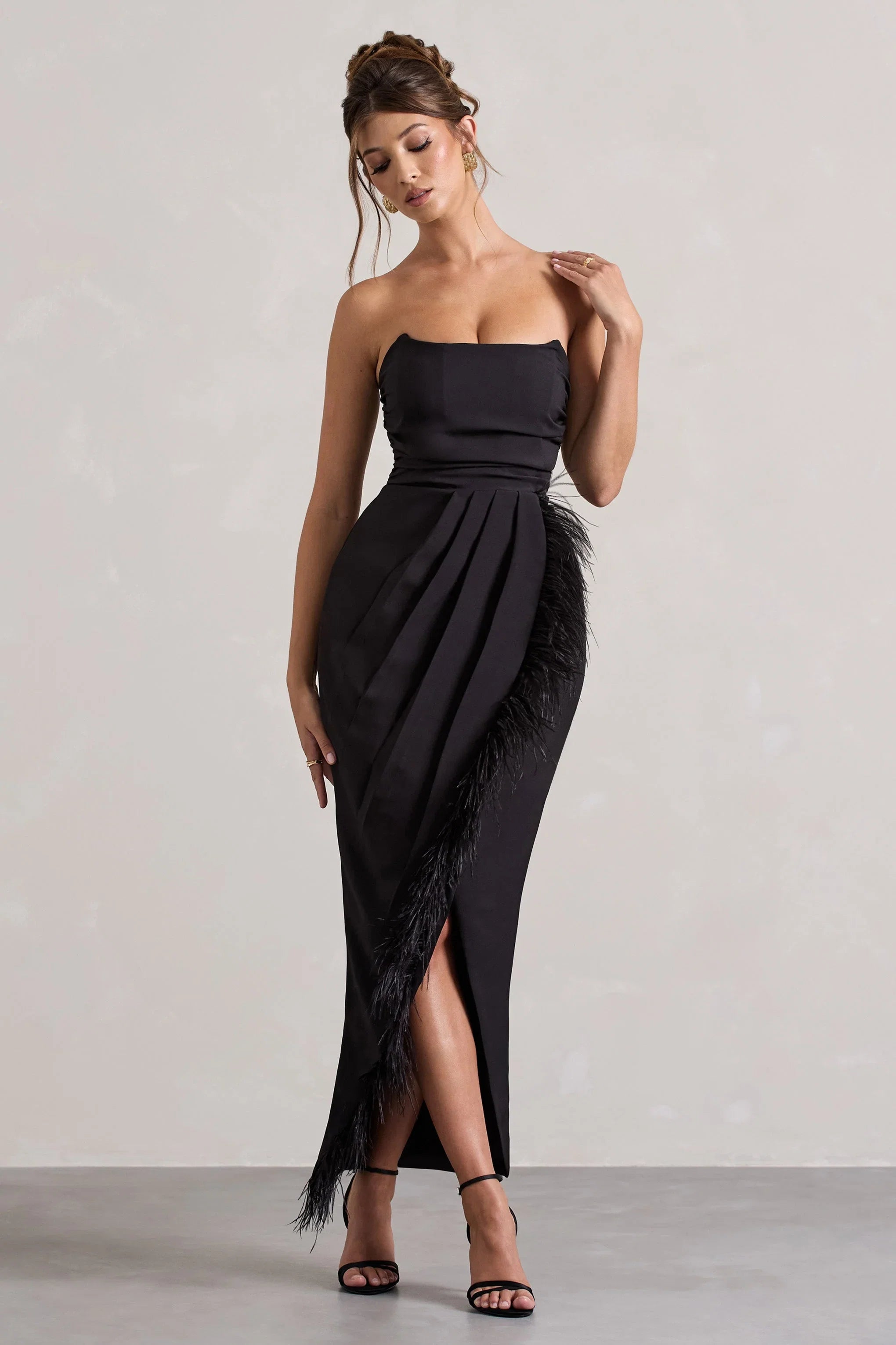 Chosen Black Bandeau Wrap Maxi Dress With Feather Trim