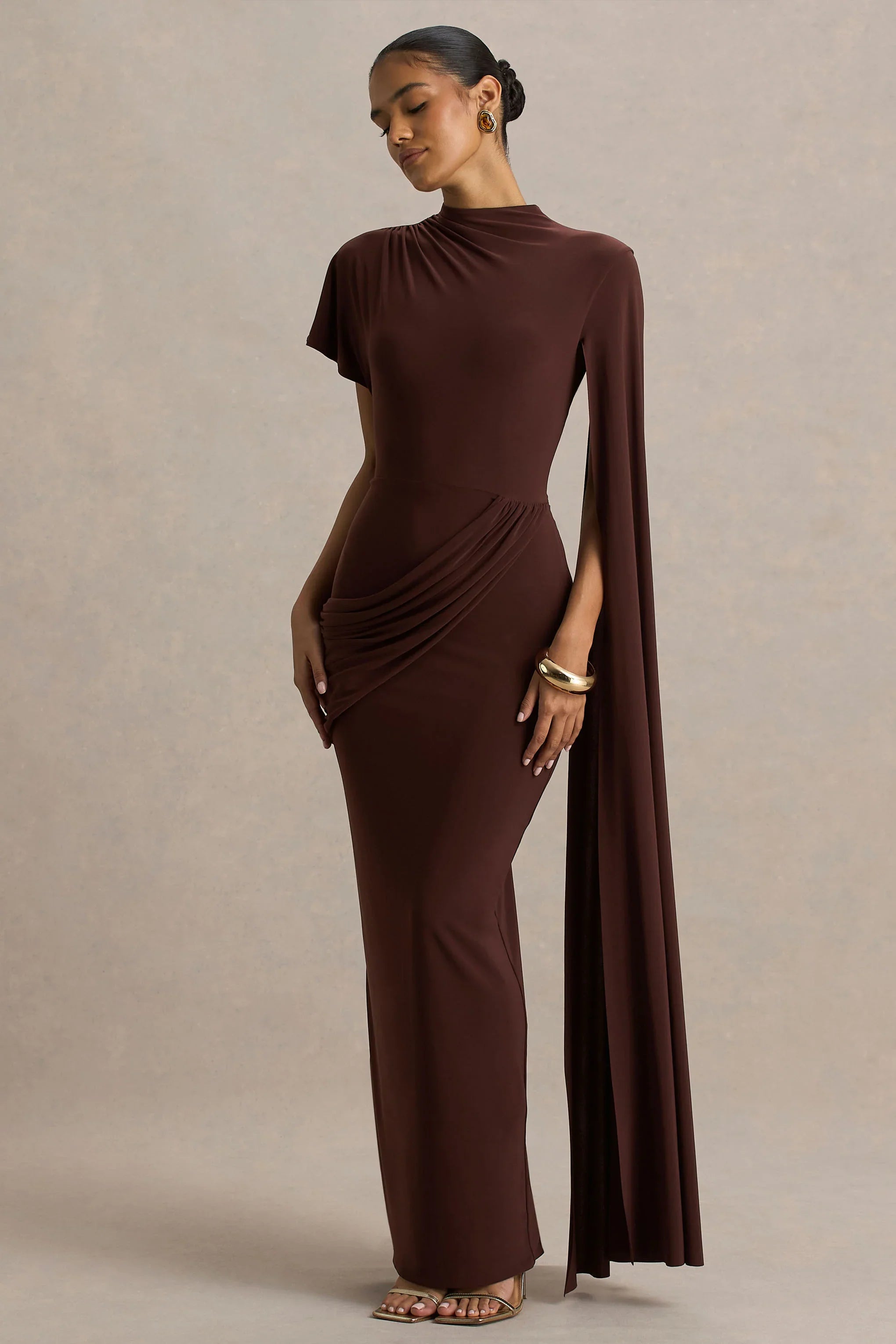 Tropic Brown High Neck Maxi With Long Cape Sleeve