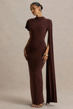 Tropic Brown High Neck Maxi With Long Cape Sleeve