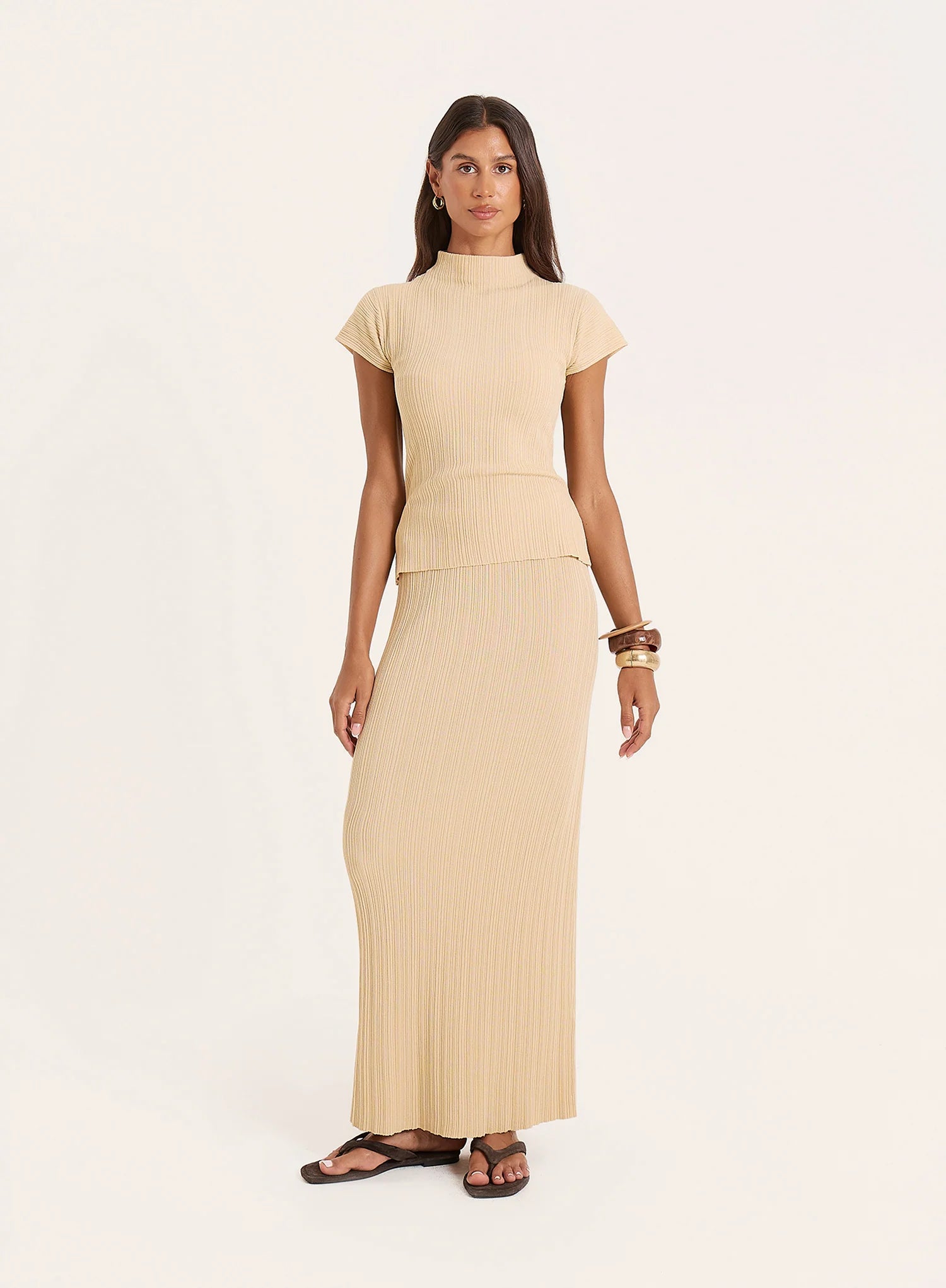Beige Textured Fine Knit Maxi Skirt