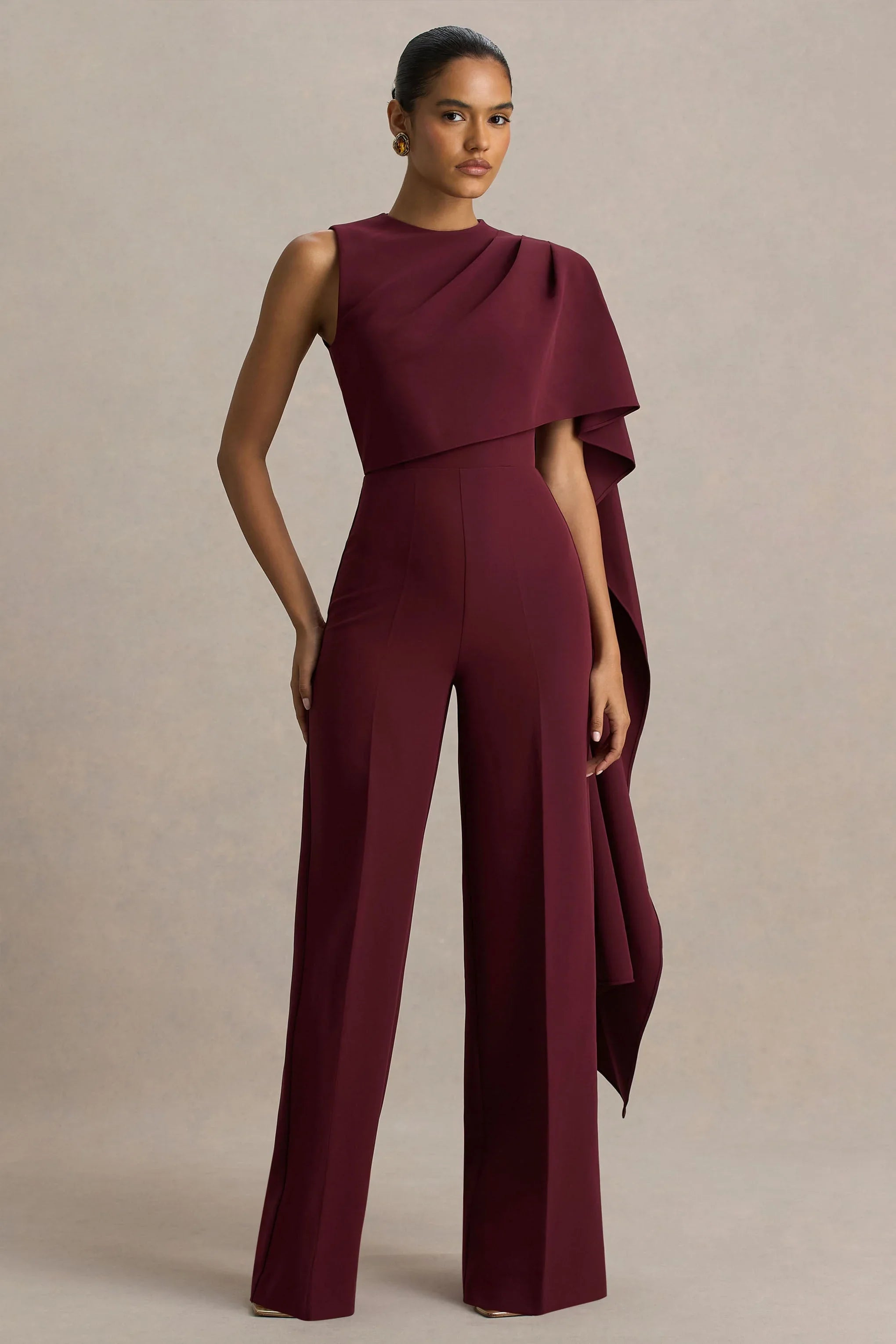 Sorenia Burgundy High Neck Jumpsuit With One Cape Sleeve
