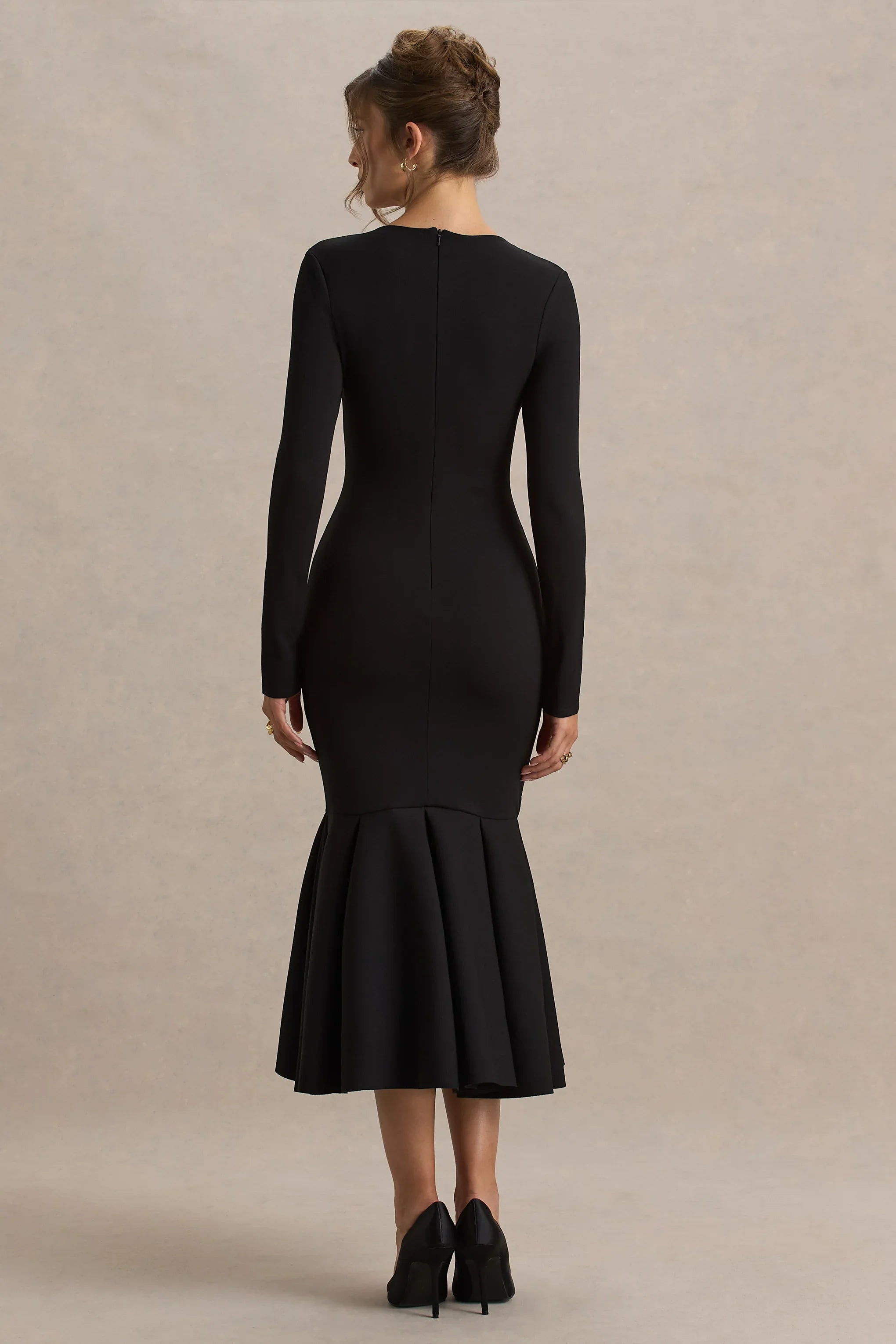 Liberty Black High Neck Mermaid Midi Dress With Ruffling Detail