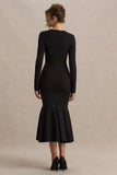 Liberty Black High Neck Mermaid Midi Dress With Ruffling Detail