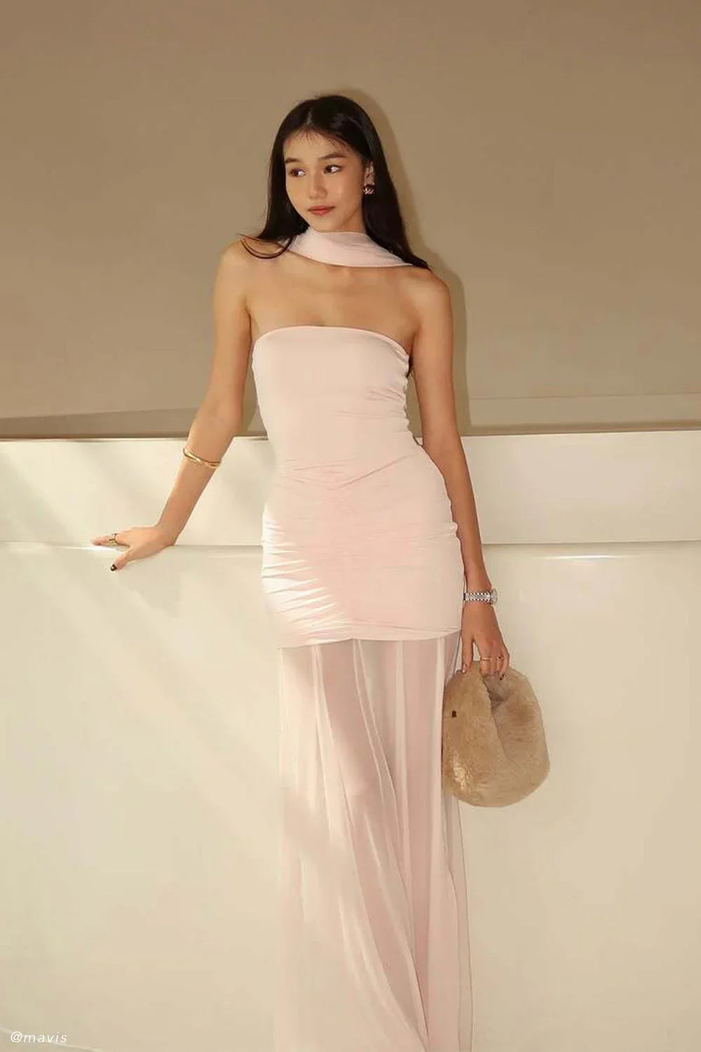 Caspian Slinky And Mesh Off Shoulder Maxi Dress Pale Pink