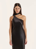 Black Satin One Shoulder Scarf Neck Maxi Dress