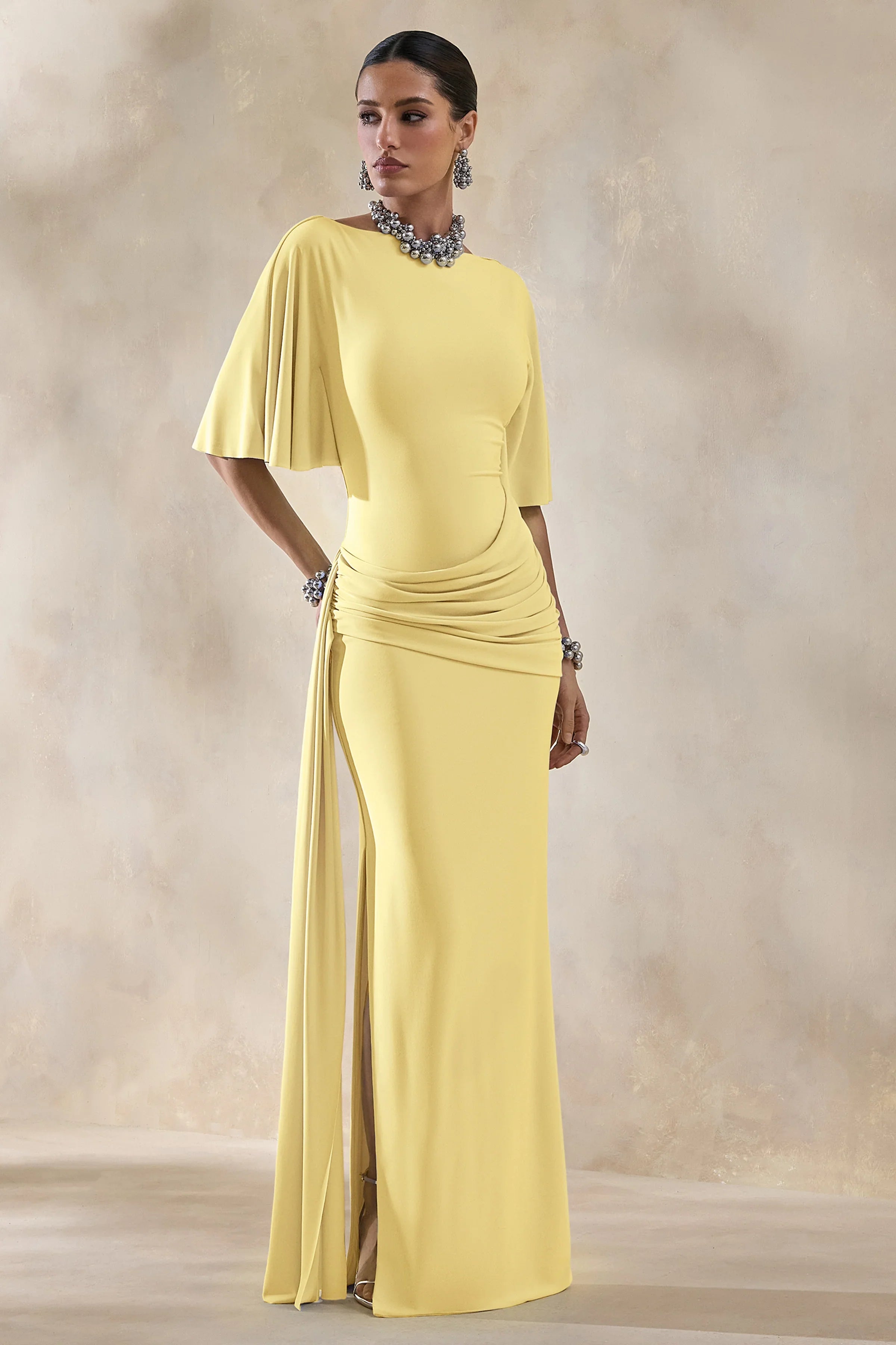 Emerelle Lemon Wide Neck Maxi Dress With Sash And Draped Detailing