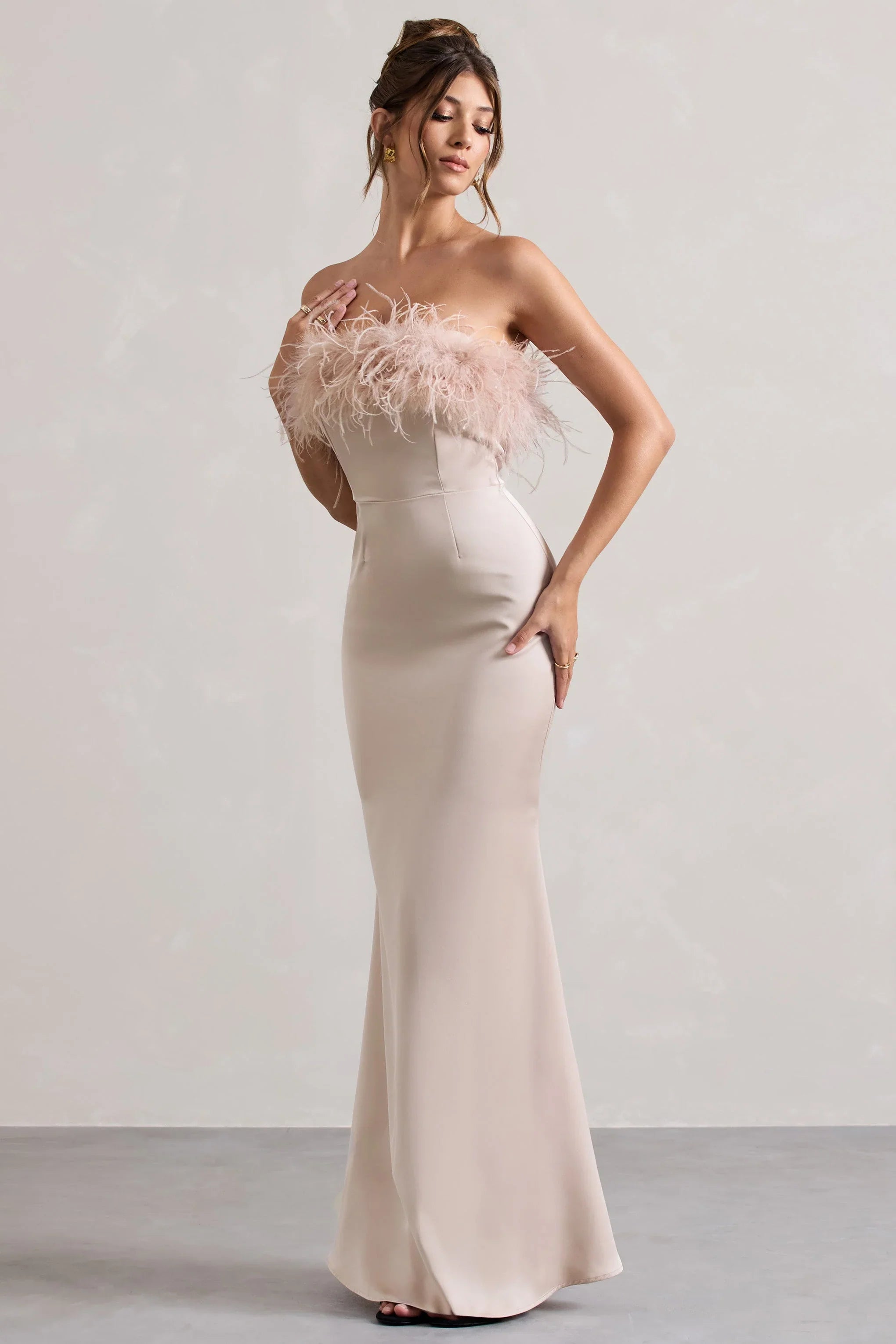 Dress For It Champagne Satin Feather Trim Bandeau Maxi Dress