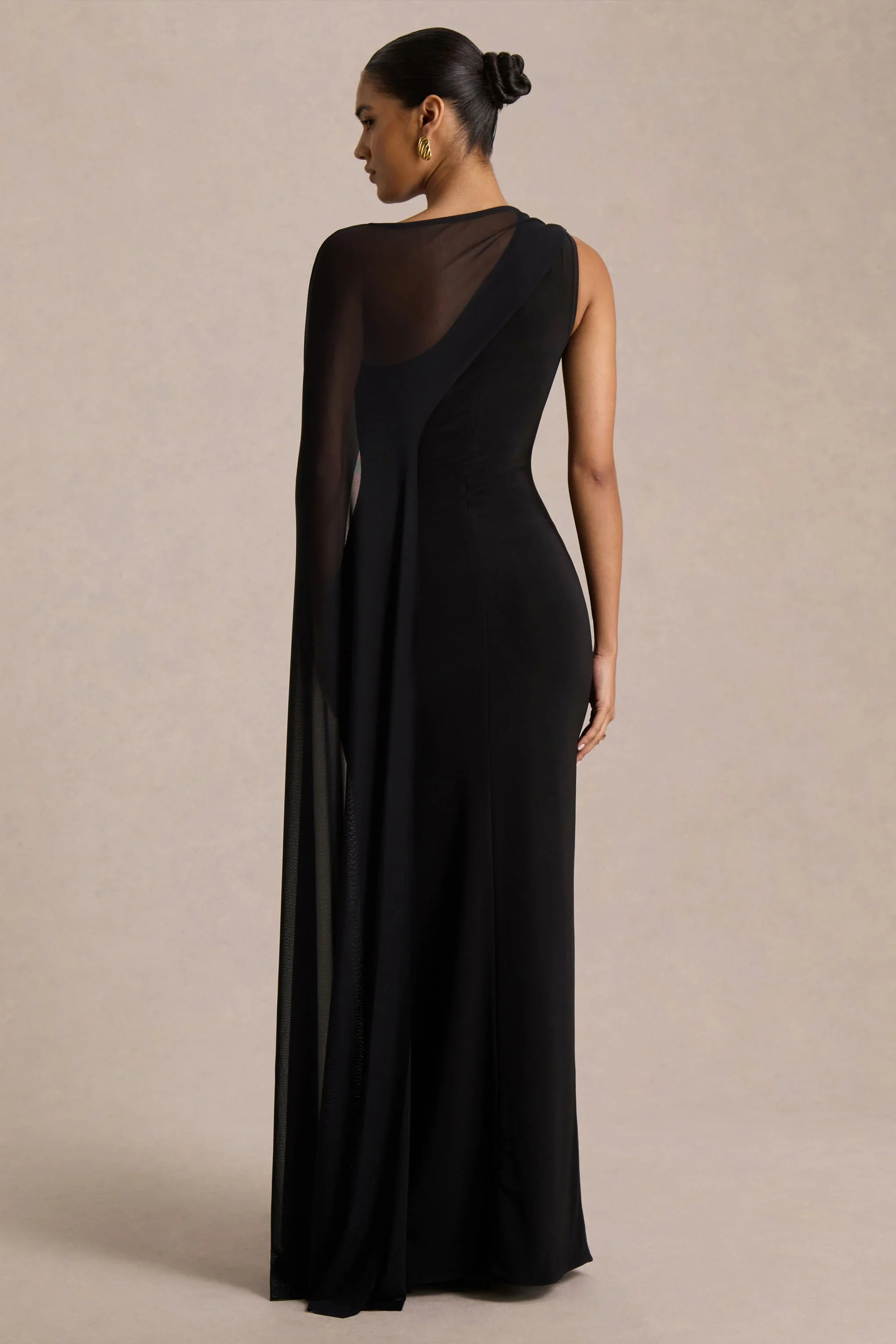 Mirelle Black Asymmetric Neck Maxi Dress With Sheer Cape Sleeve