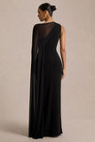 Mirelle Black Asymmetric Neck Maxi Dress With Sheer Cape Sleeve