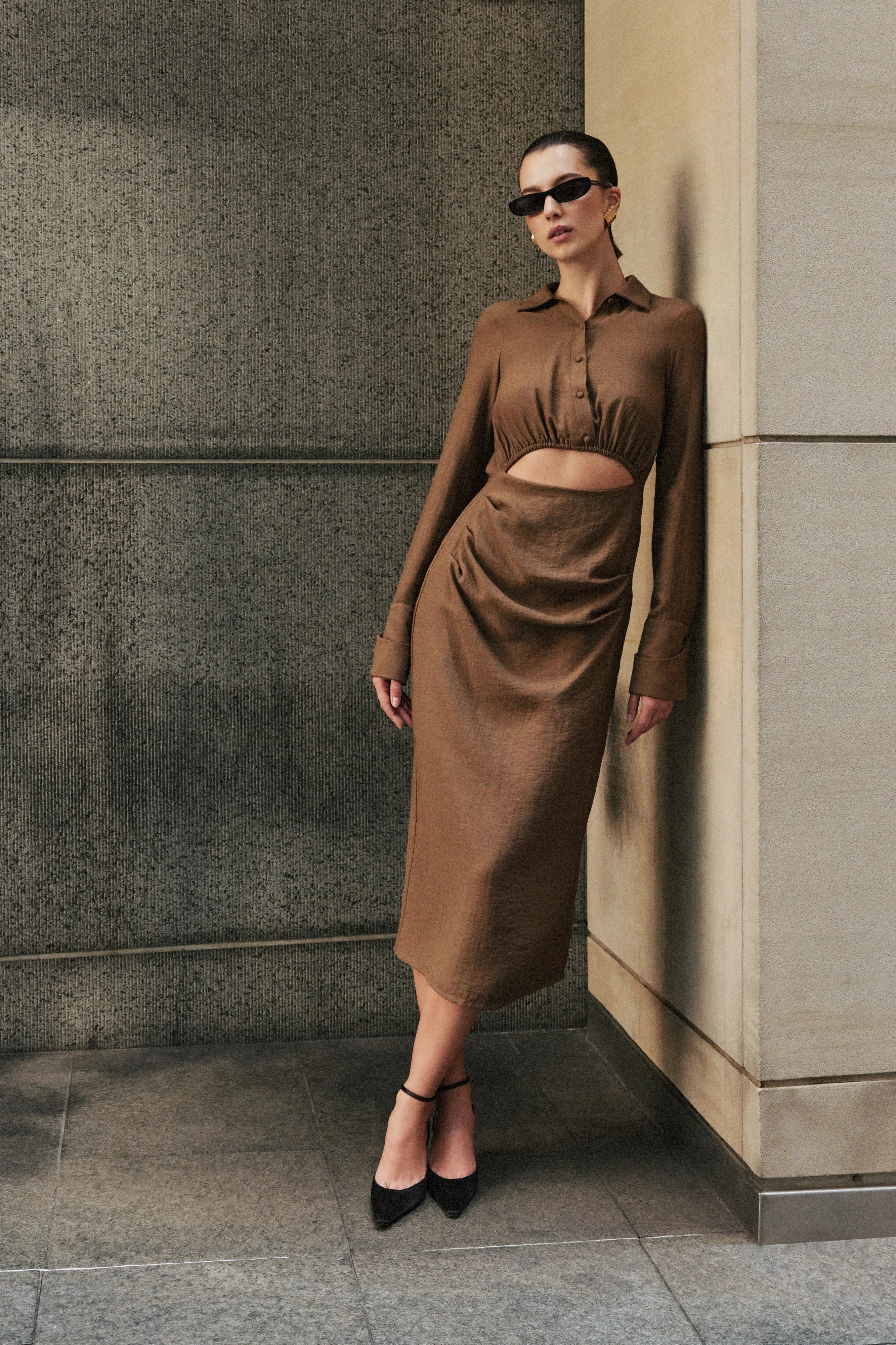 Cecilie Cut Out Shirt Midi Dress Dark Chocolate