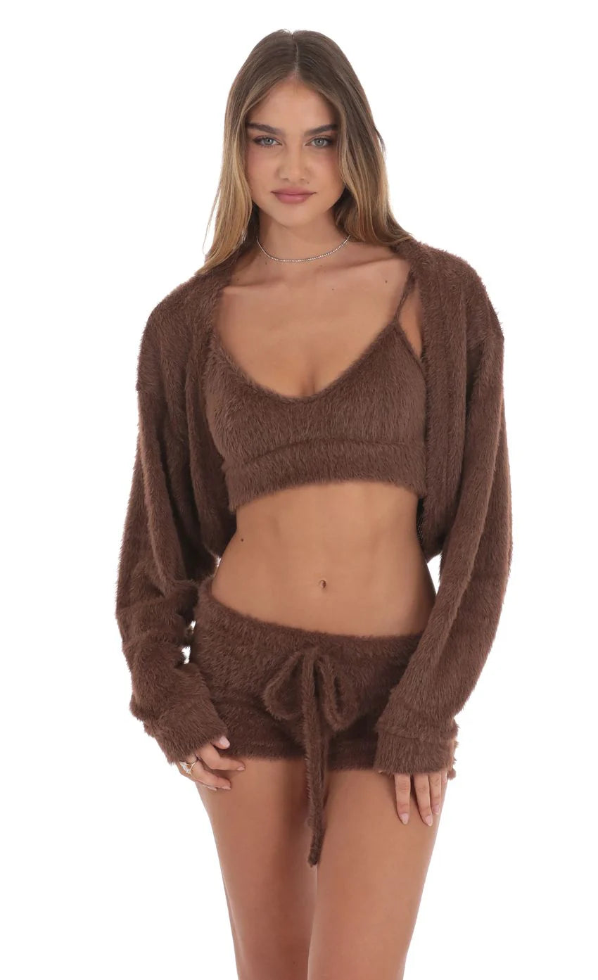 Open Fuzzy Cardigan in Brown