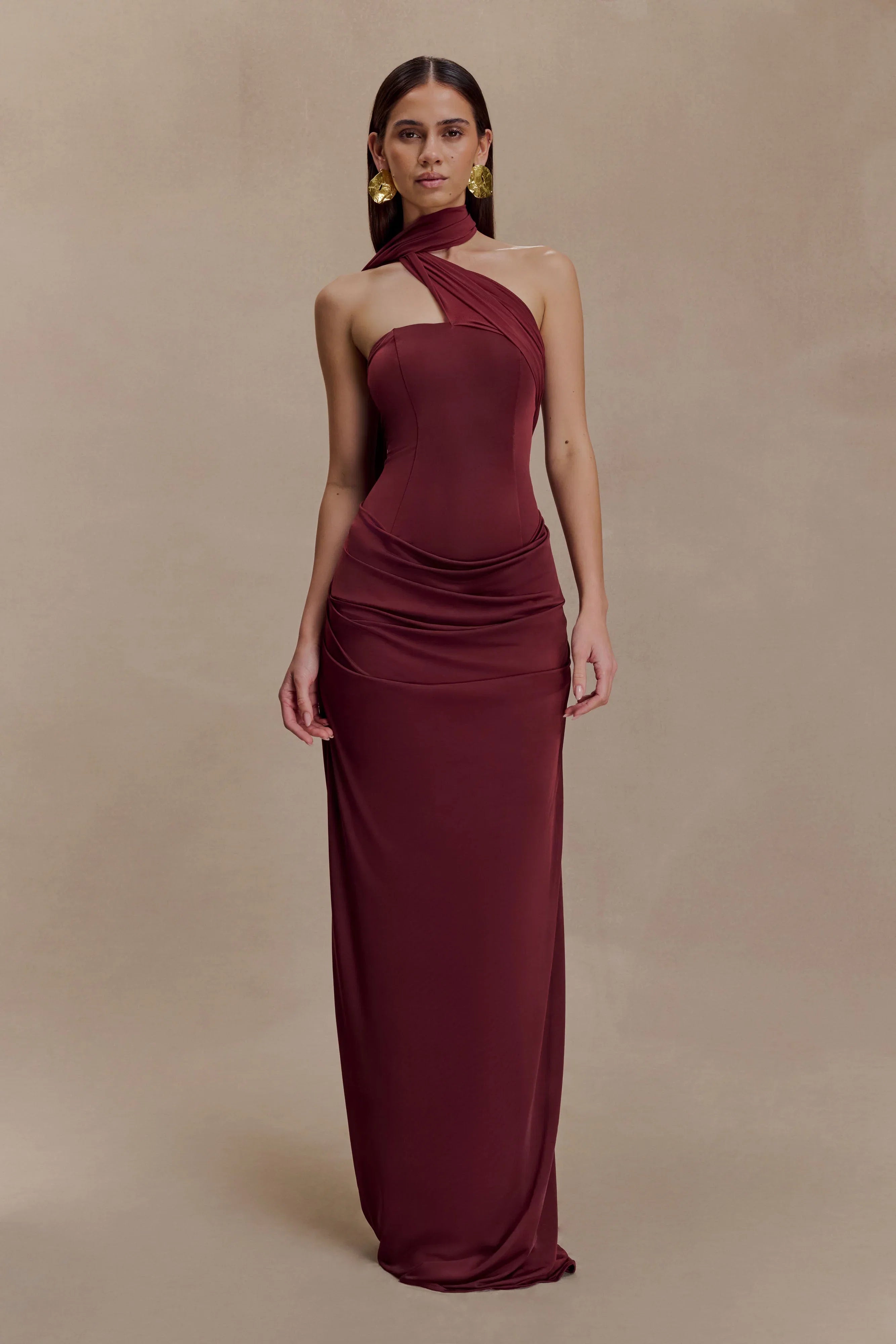 Mattea Slinky And Mesh Maxi Dress With Scarf Burgundy