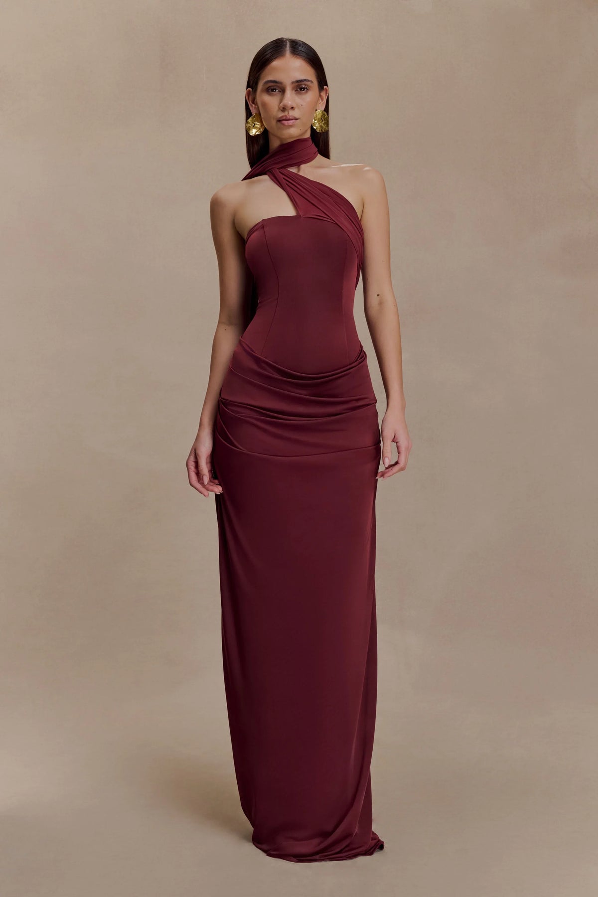 Mattea Slinky And Mesh Maxi Dress With Scarf Burgundy