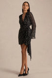 Mela Black And White Polka Dot Plunge Neck Mini Dress With Bell Sleeves And Sash Detail