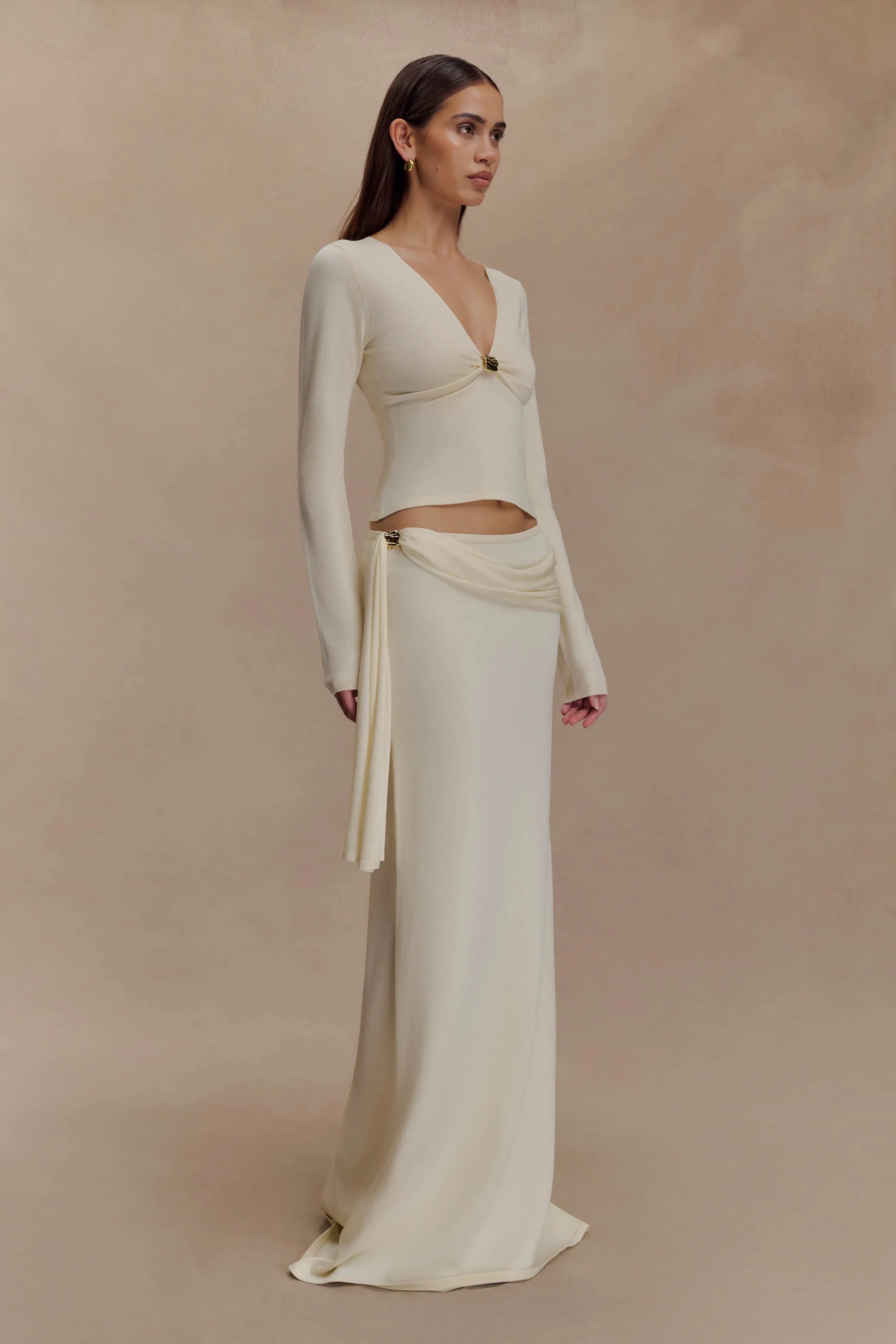 Miraby Front Ruched Knit Long Sleeve Top Ivory