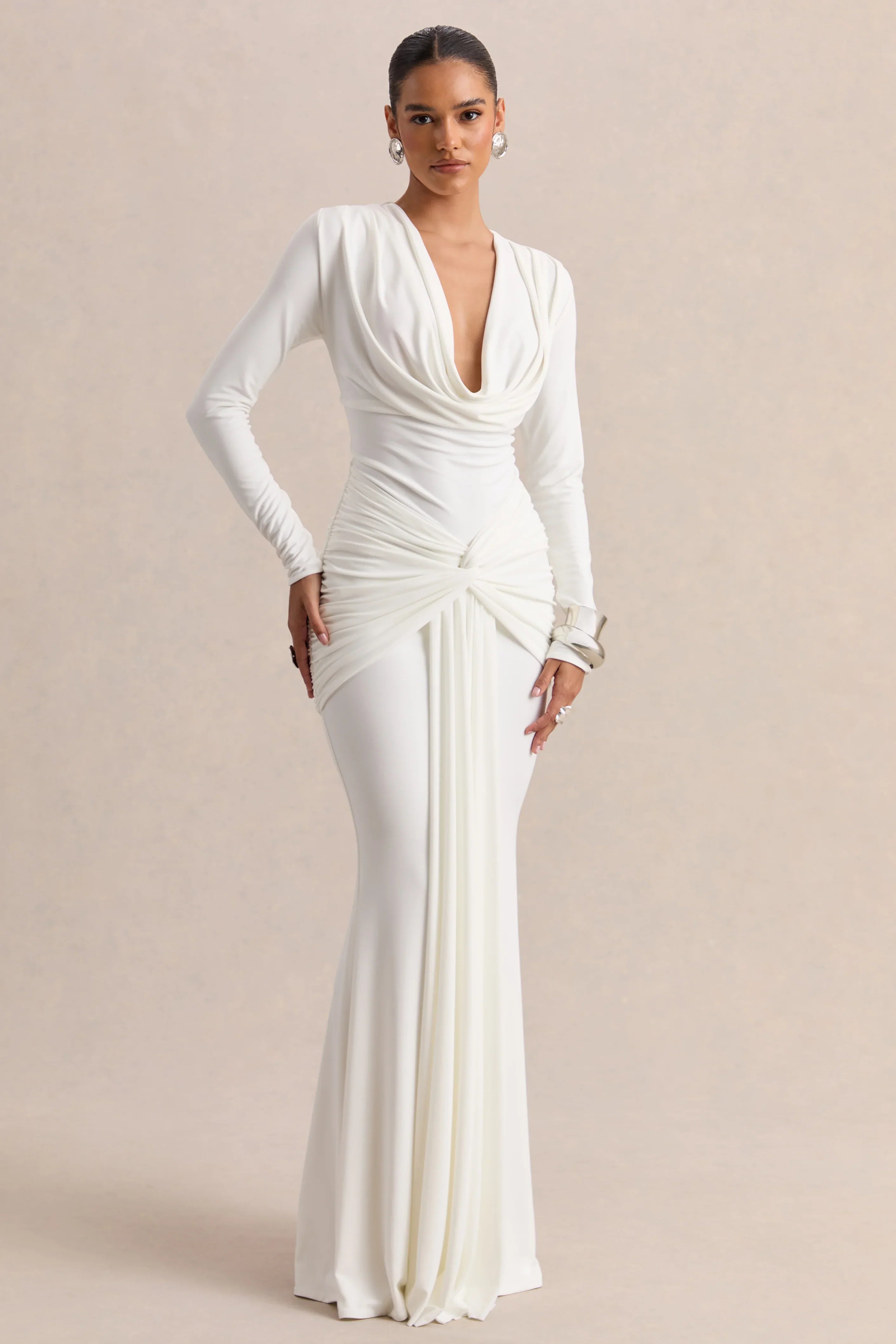 Palerma White Draped Cowl Neck Maxi Dress With Gathered Detailing