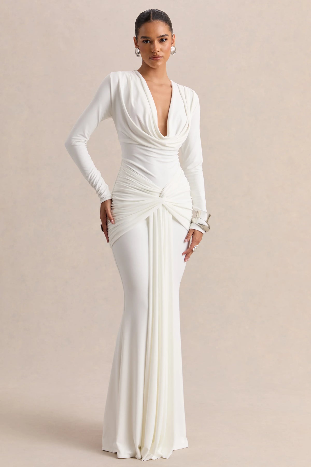 Palerma White Draped Cowl Neck Maxi Dress With Gathered Detailing