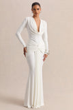 Palerma White Draped Cowl Neck Maxi Dress With Gathered Detailing