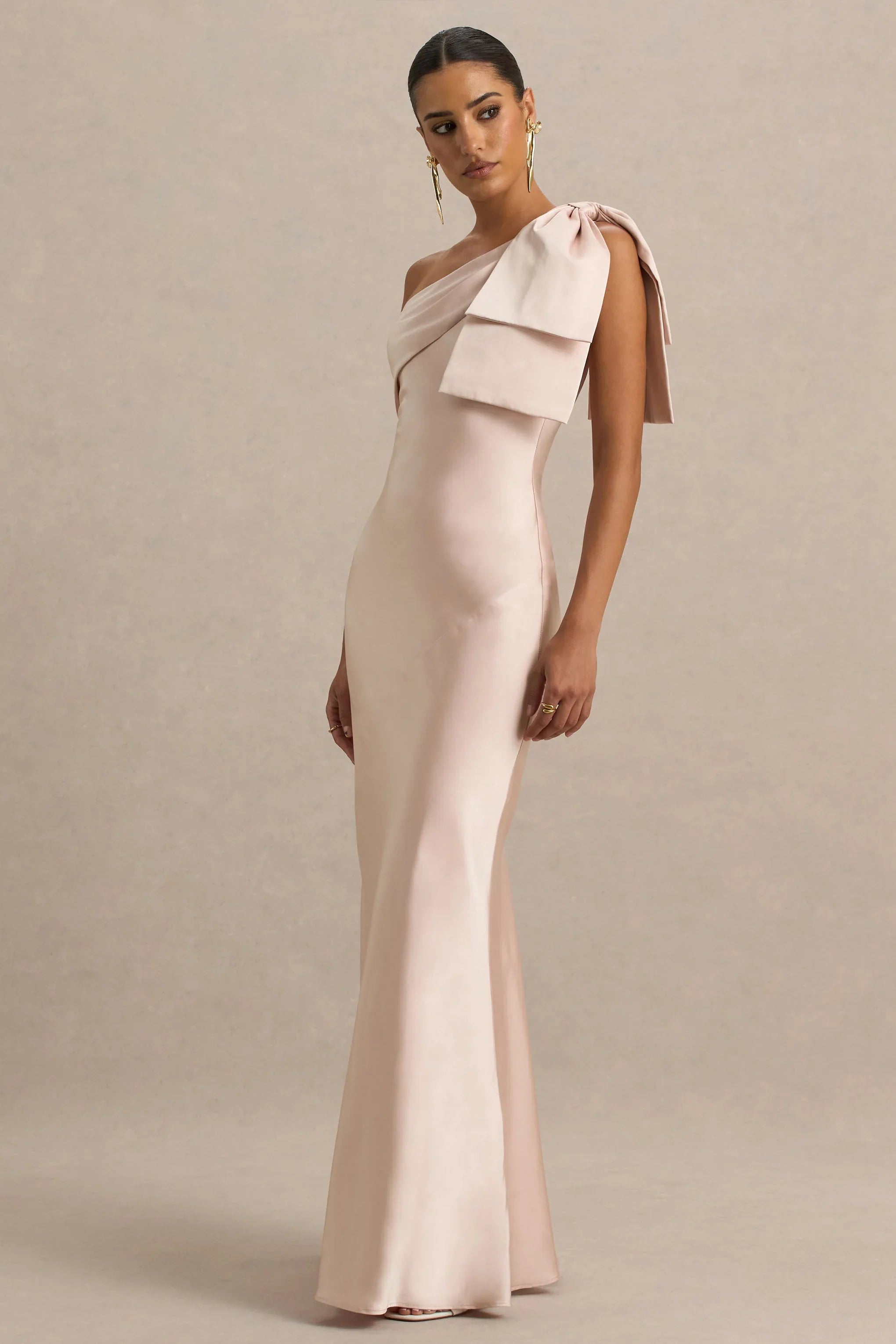 Valerie Light Pink Satin Asymmetric Neck Maxi Dress With Bow Detail