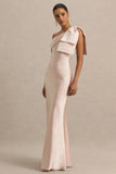 Valerie Light Pink Satin Asymmetric Neck Maxi Dress With Bow Detail