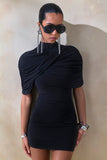 Perdi Black Bodycon Mini Dress With Twisted Cape