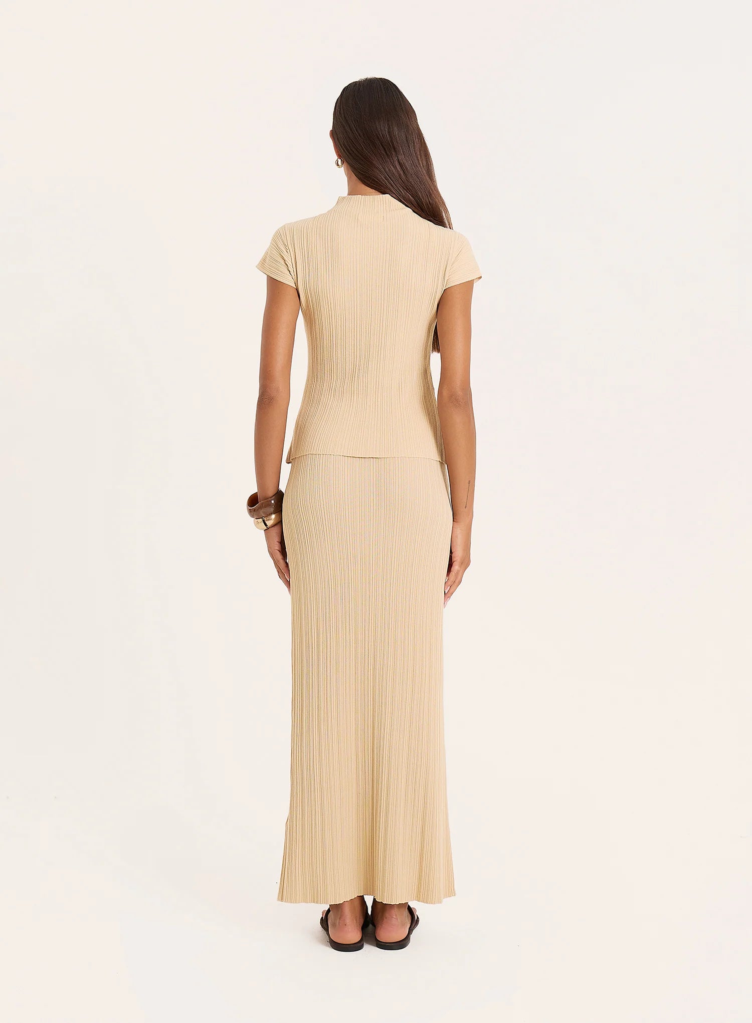 Beige Textured Fine Knit Maxi Skirt