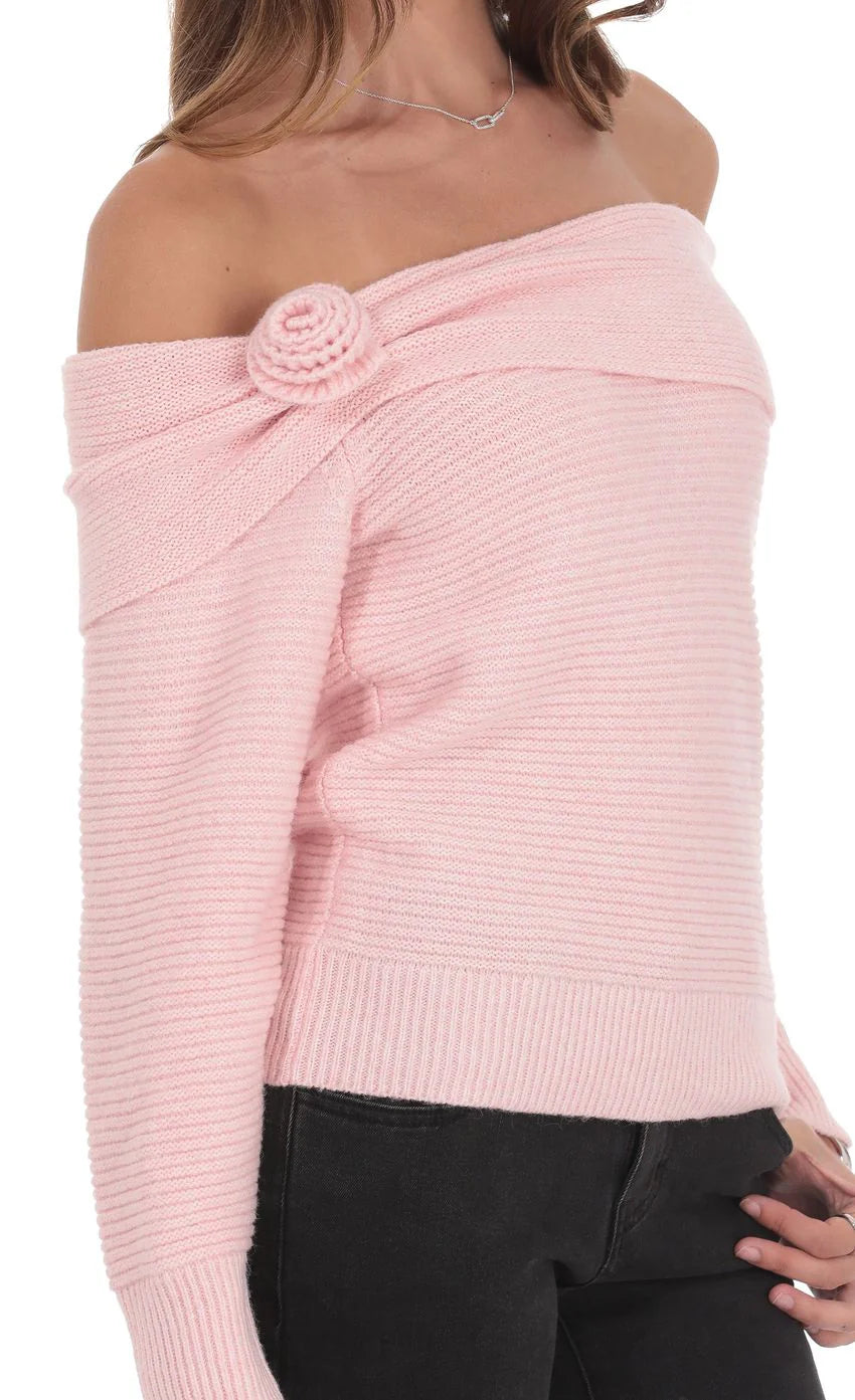 Rosette Off Shoulder Jumper in Pink