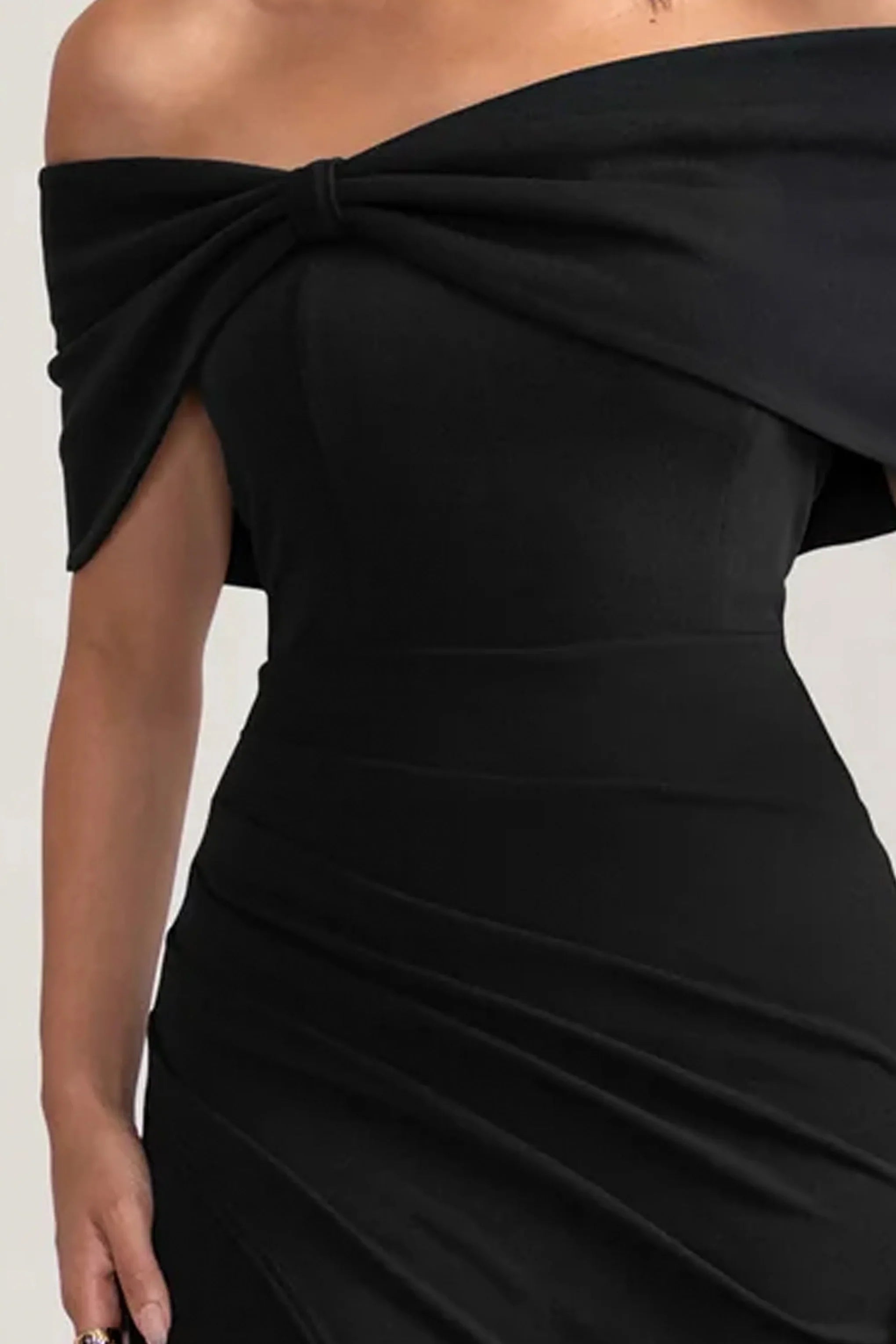 Eva Black Bardot Bow Detail Maxi Dress With Thigh Split