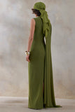 Isdelia Green Asymmetric Neck Maxi Dress With Cape Sleeve