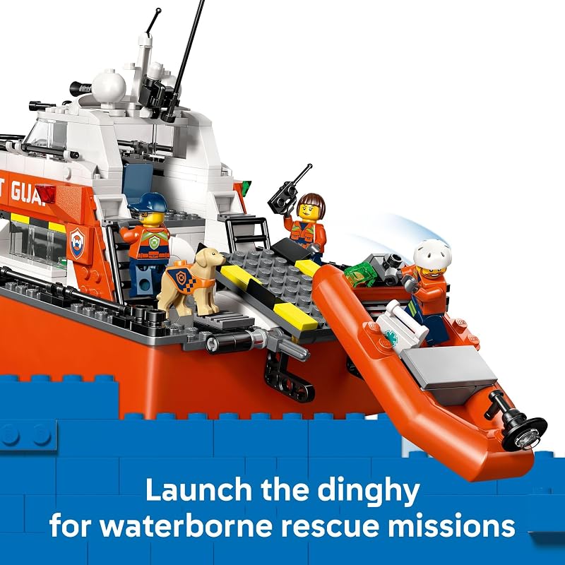 LEGO City Coast Guard Rescue Boat Helicopter Building Toys Kids Pretend Play Set for Boys Girls Ages 7 W 2 Rescue Boat Toys 5 Minifigures Dog Figure Gift Idea for Birthdays 60504