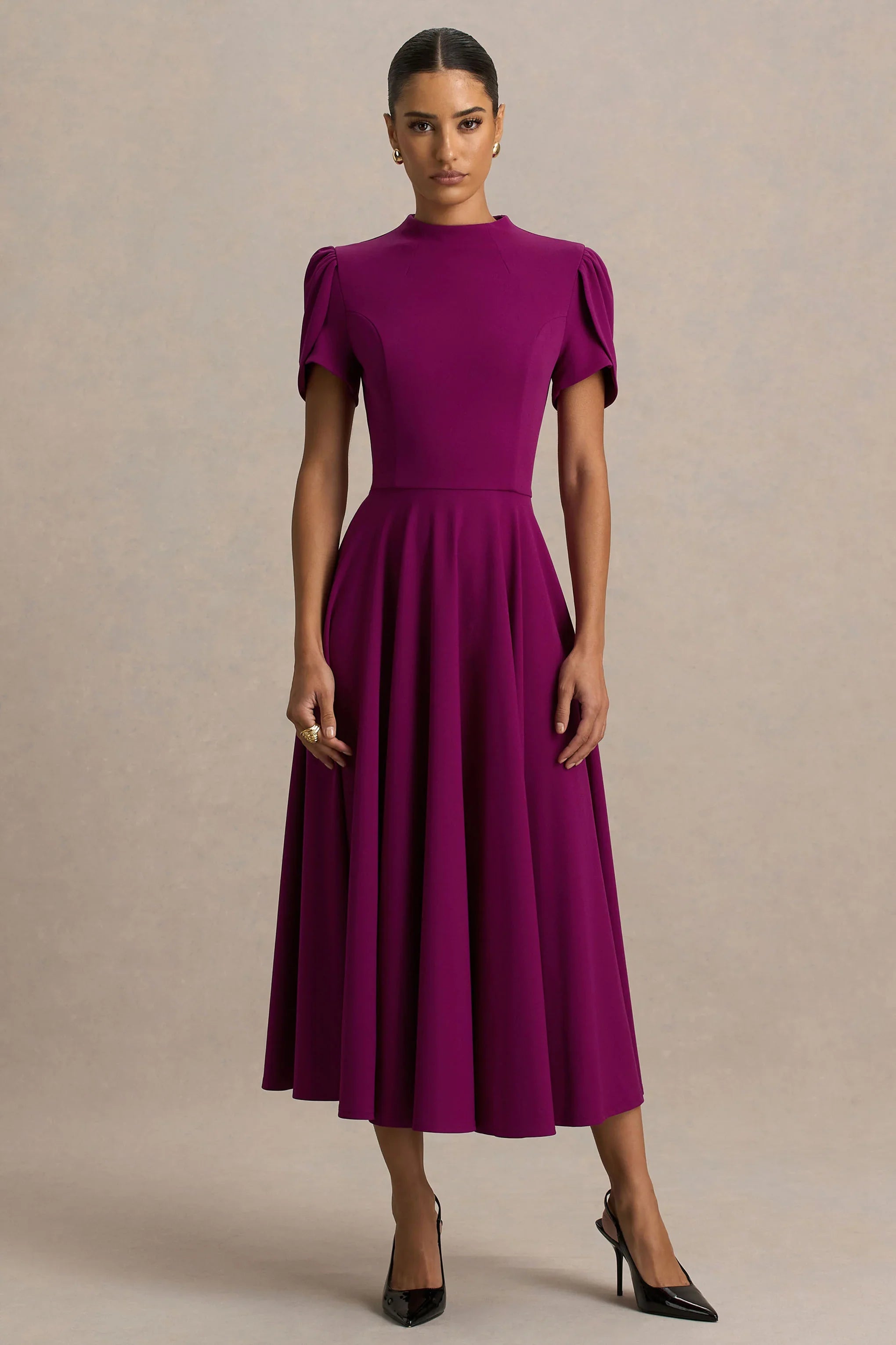 Vicky Mulberry High Neck Midi Dress With Puff Sleeves