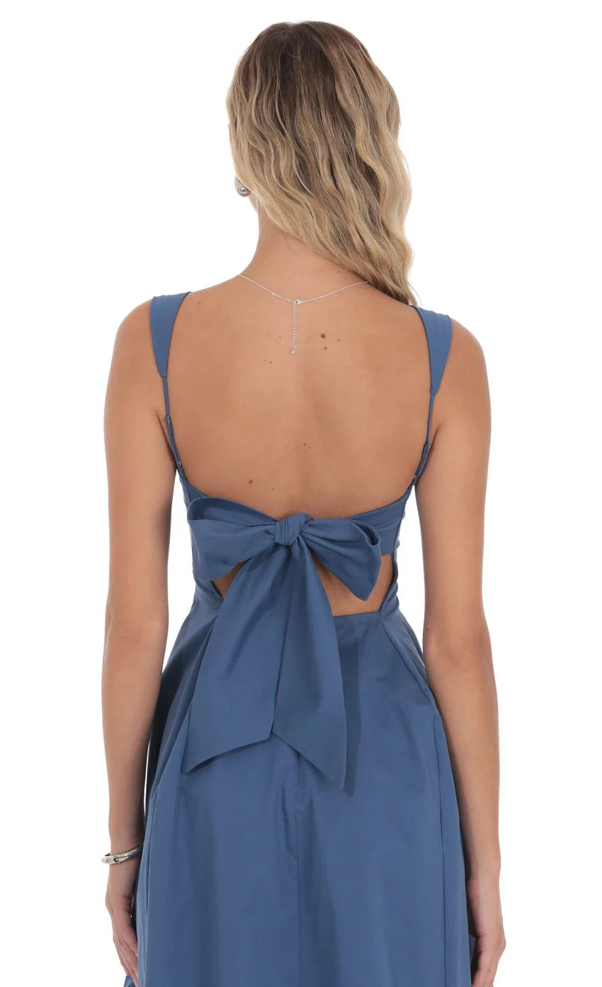 Square Neck Flare Midi Dress in Denim Blue