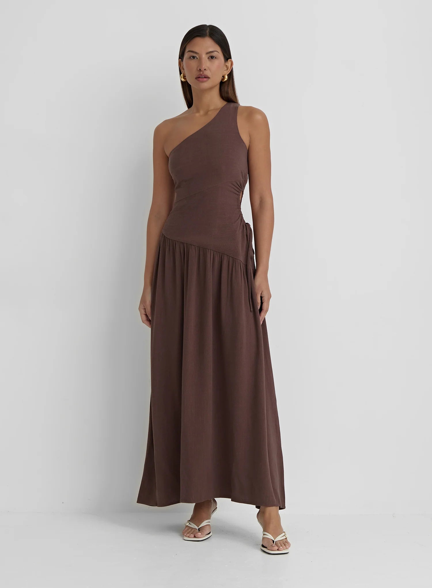 Brown Linen One Shoulder Cut Out Detail Dress