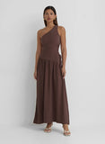Brown Linen One Shoulder Cut Out Detail Dress
