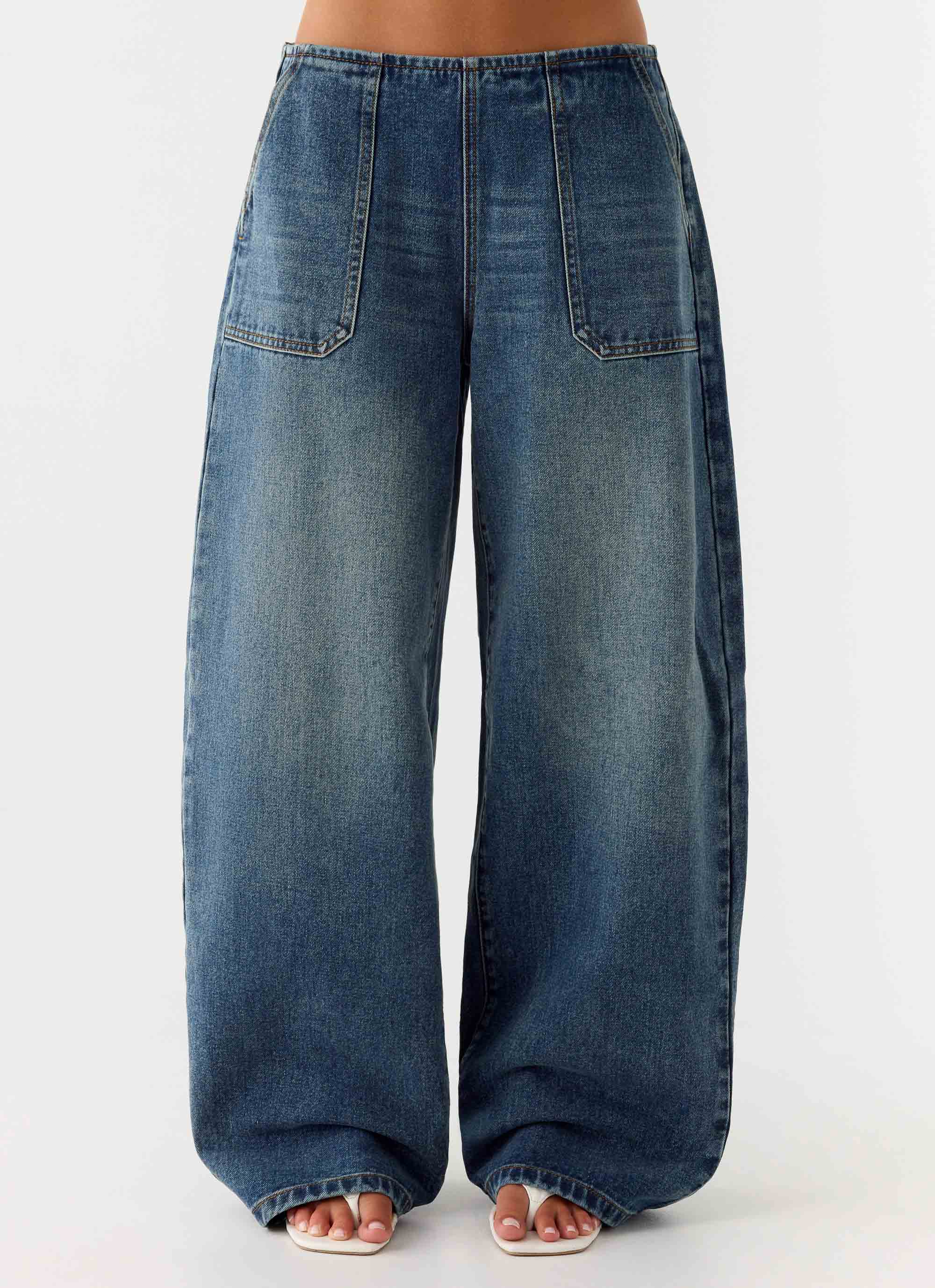 Seethal Low Rise Washed Denim Jeans Mid Wash Blue