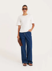 White Shoulder Pad Cinched Waist T Shirt