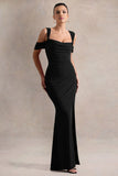 Amoura Black Square Neck Draped Wrap Maxi Dress