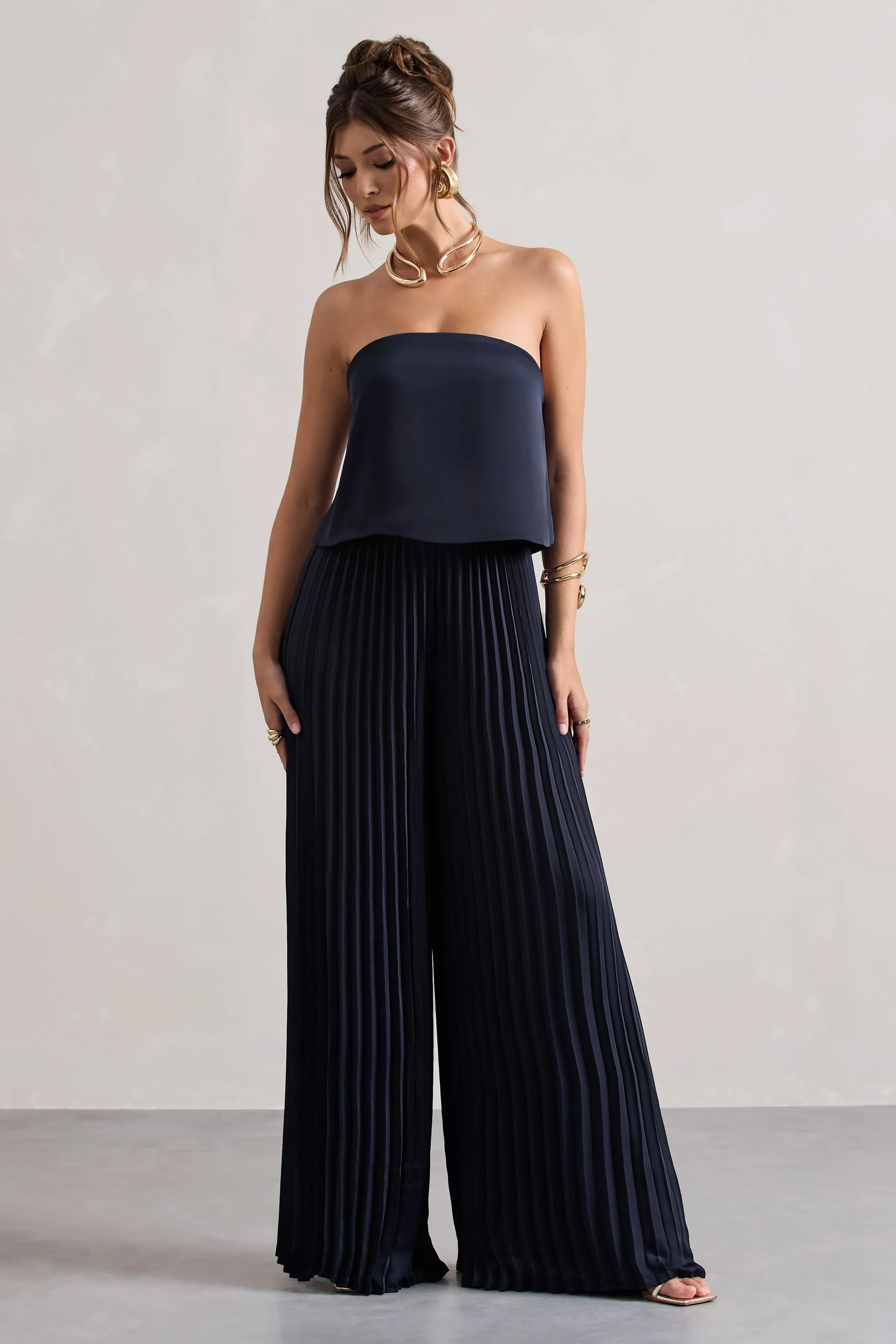 Tammi Navy Satin Strapless Plisse Wide Leg Jumpsuit