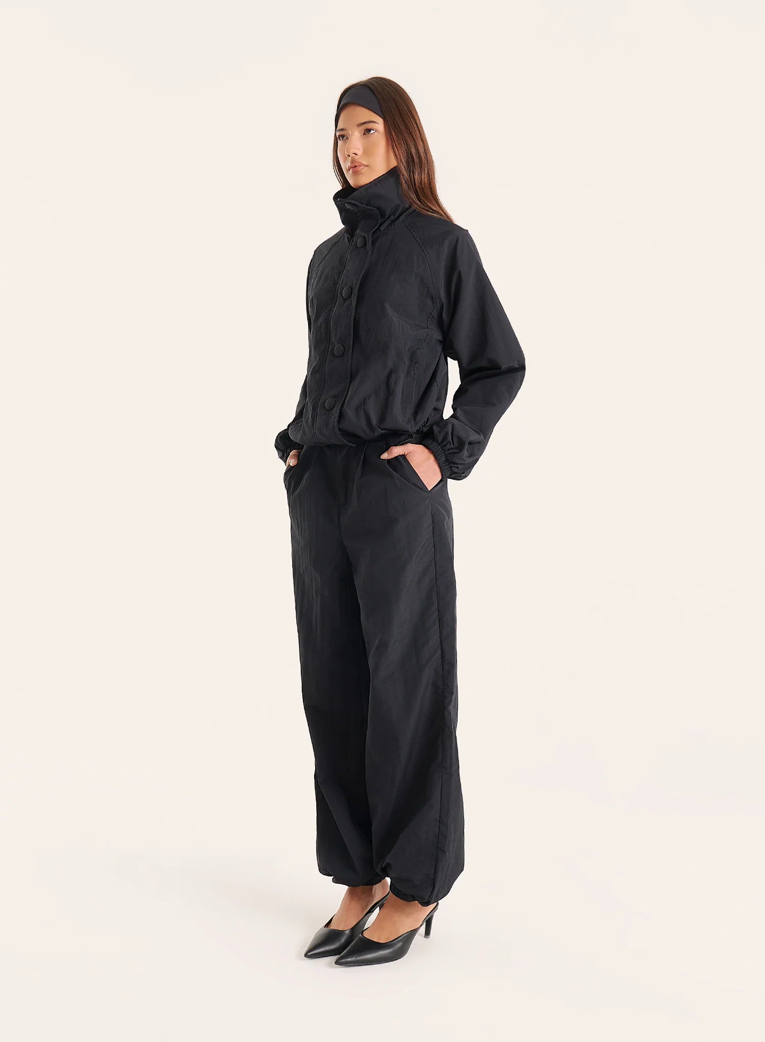 Black Funnel Neck Windbreaker Jacket