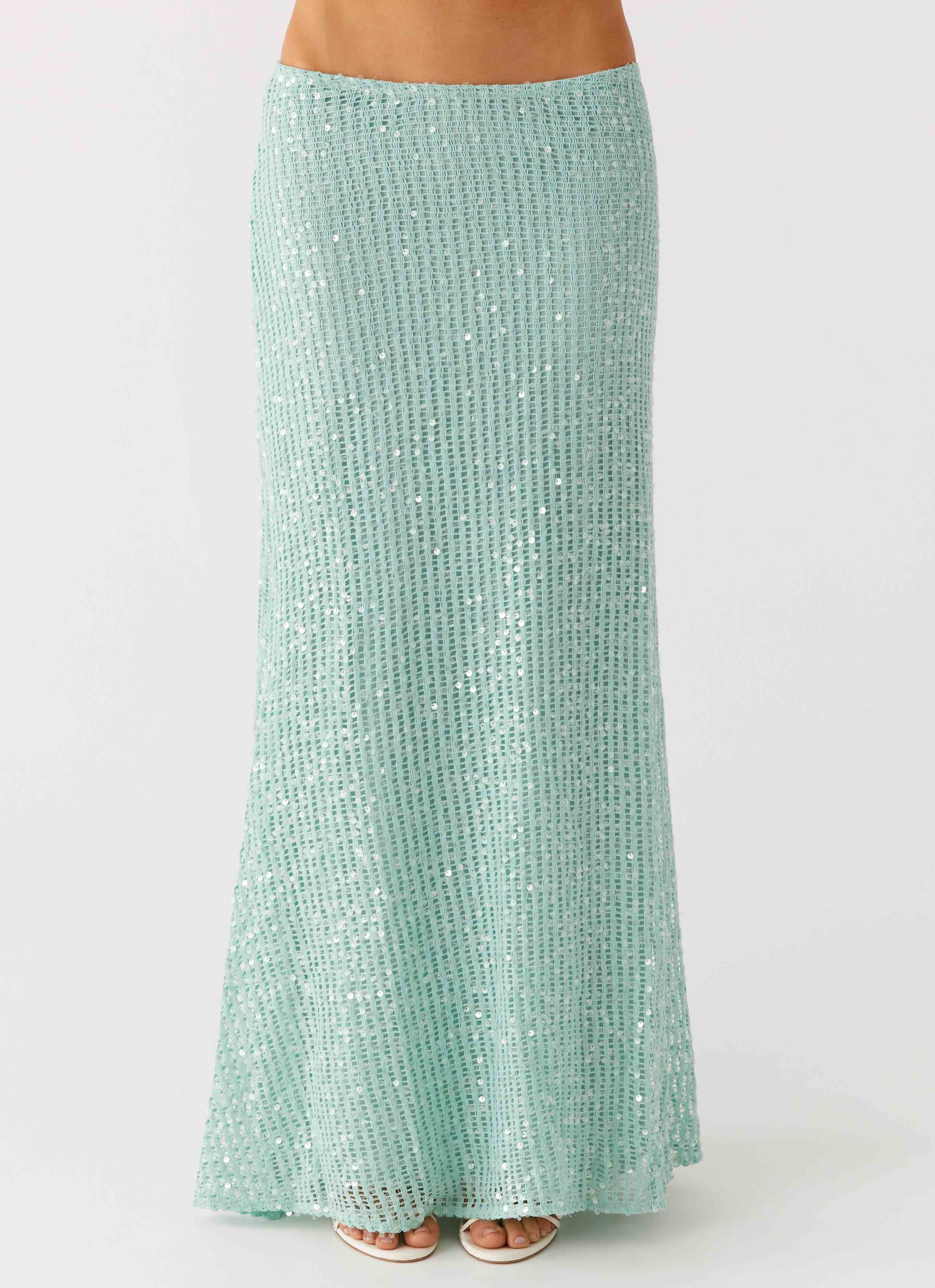 Amoura Sequin Low Rise Maxi Skirt Mint Sage