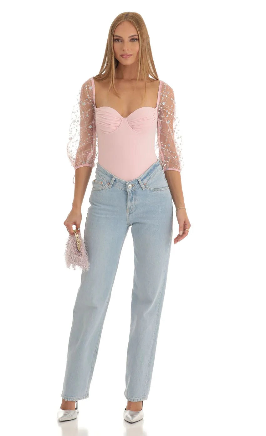Sequin Puff Sleeve Bodysuit in Pink