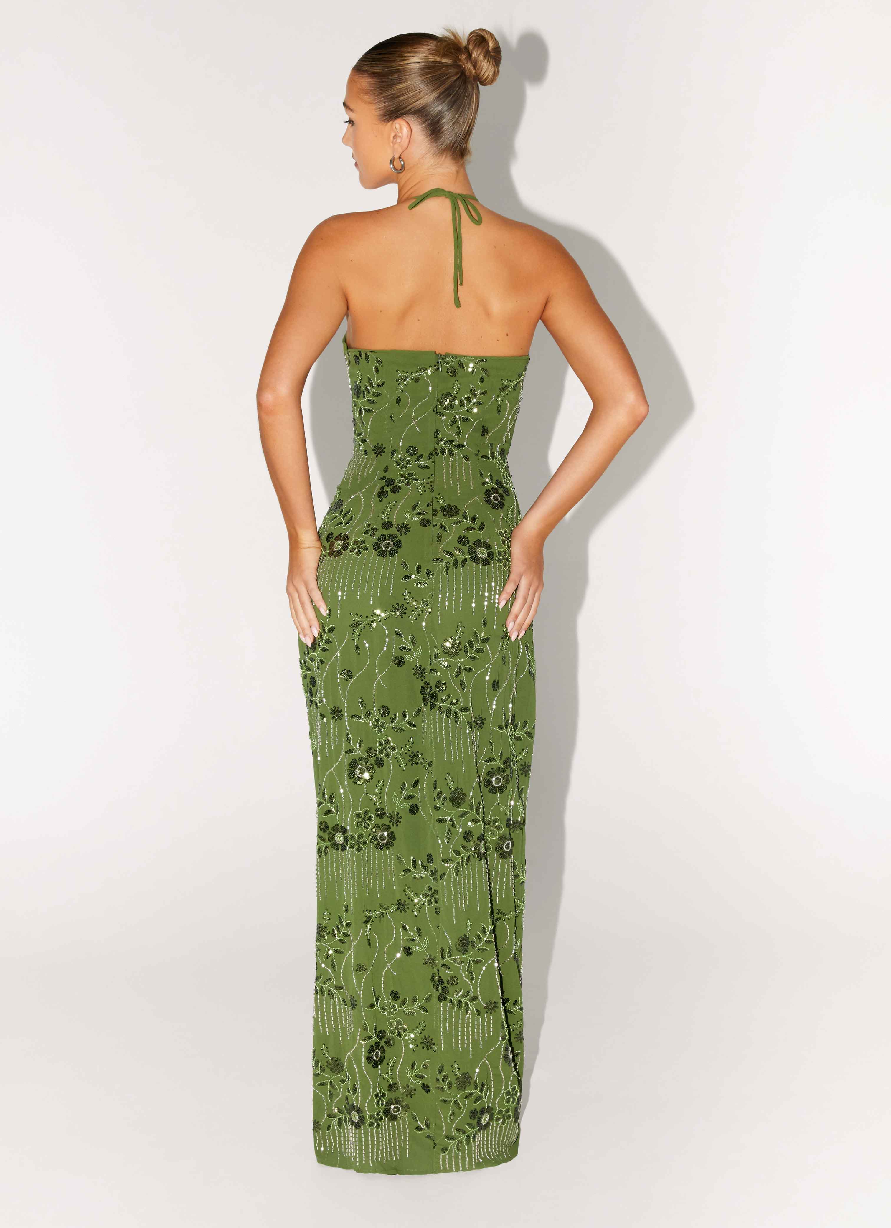 Phoenicia Beaded Maxi Dress Khaki