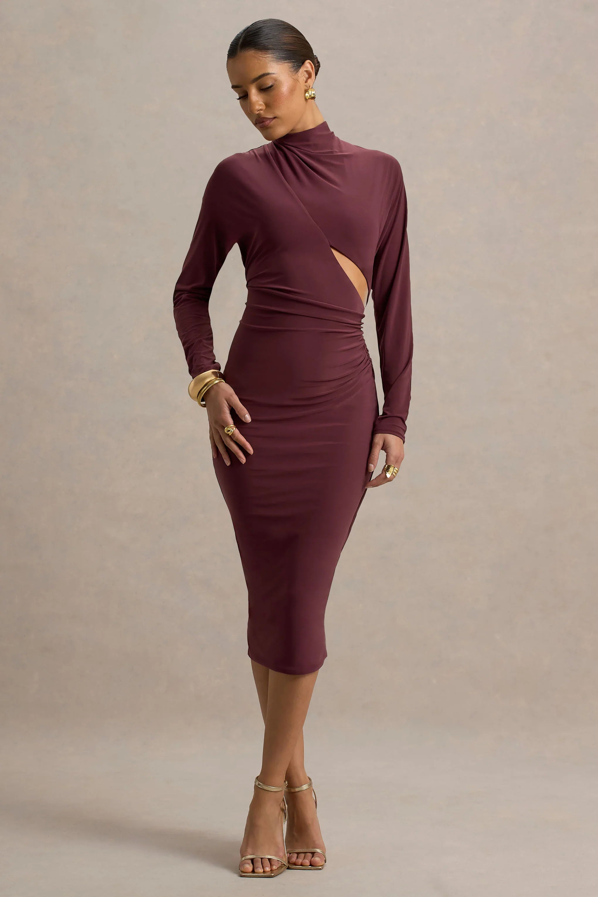 Pandora Burgundy Long Sleeve Midi Dress With Cut Out