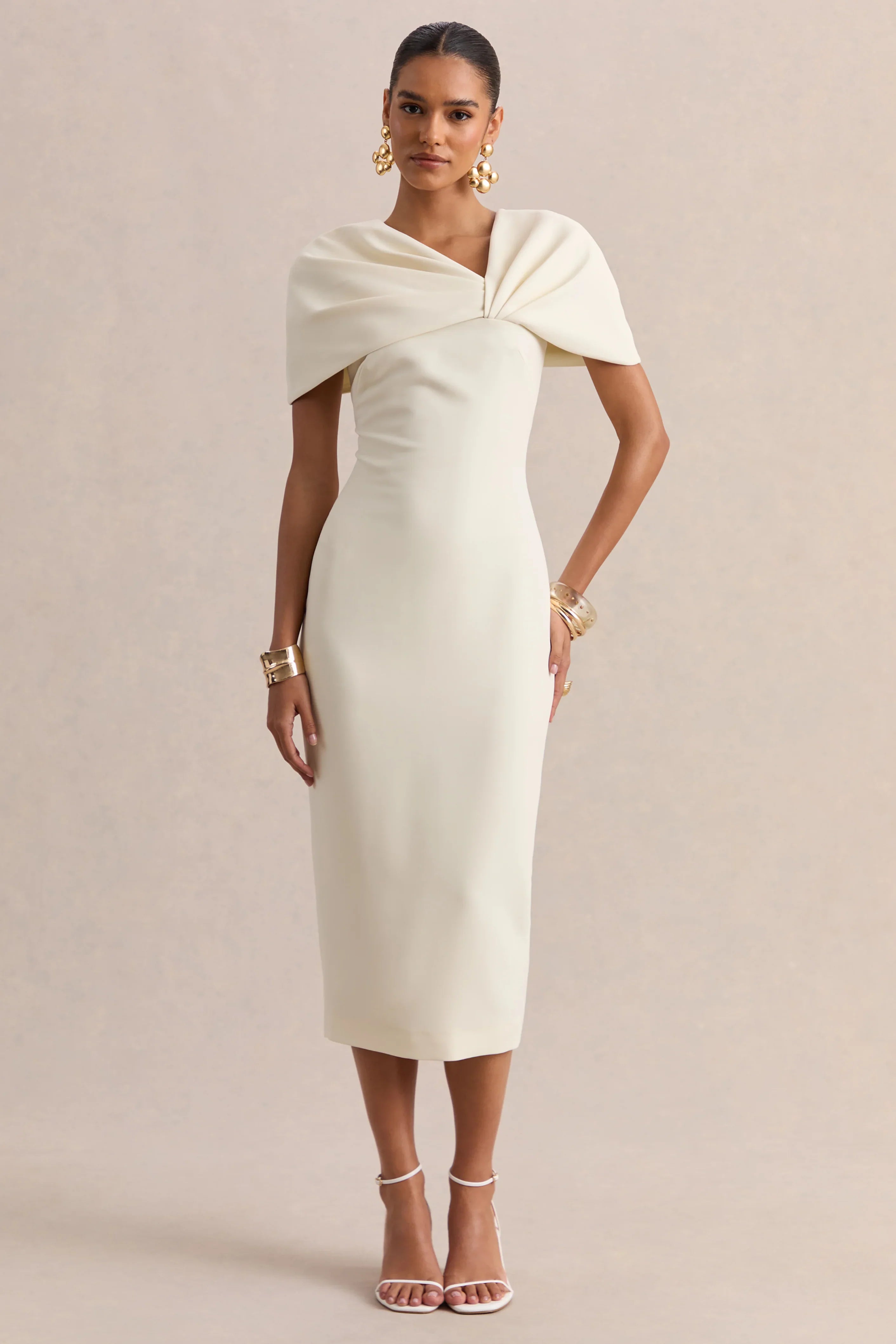 Novalie Cream V Neck Midi Dress With Twist Detail